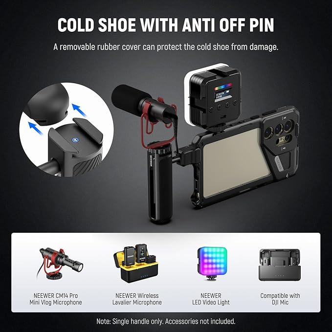 NEEWER Quick Release Side Handle Only for 2nd Gen Phone Cages PA043 PA044 for iPhone 15 Pro Max/15 Pro, PA042 for Samsung S24 Ultra, with Covered Cold Shoe, Anti Off Pin, Black Lock, PA045B