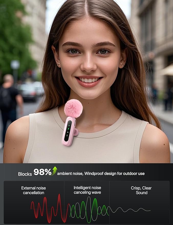 Upgraded Mini Microphone for iPhone Android/iPad PC with LED Display, Wireless Clip-On Mics, USB C Lavalier Microphone with Noise Cancelling (for Lightning-USB-C Port, Pink)