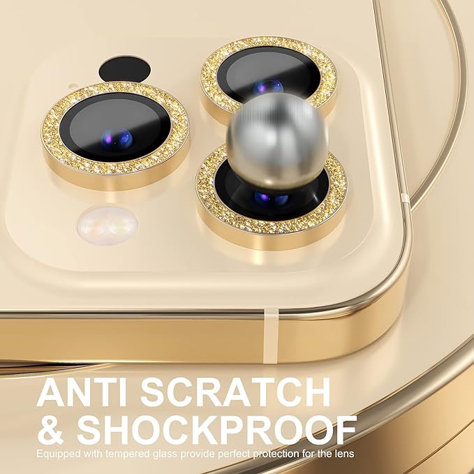 Choiche Compatible for iPhone 14 Pro/iPhone 14 Pro Max Camera Lens Protector Bling, 9H Tempered Glass Camera Cover Screen Protector Metal Ring Decoration Accessories (Glitter-Gold)