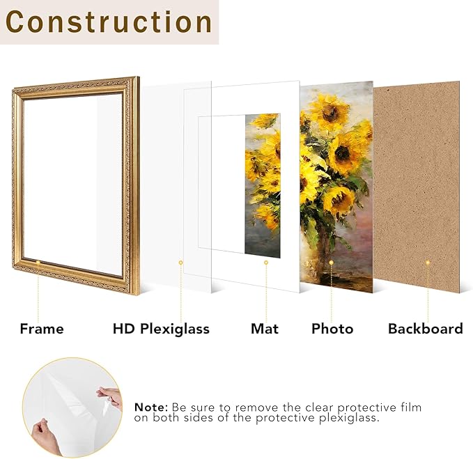 11x14 Vintage Picture Frame with 8x10 Mat Set of 2, Elegant Retro 11 by 14 Photo Frame with Shatter-Resistant Plexiglass for Wall Hanging, Gallery Decor & Gift, Gold, 2 Pack