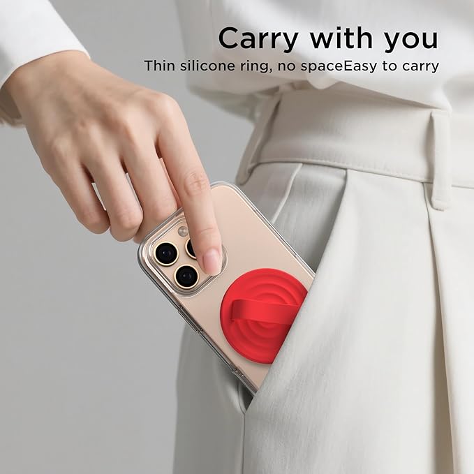 Magnetic Phone Grip Ring Holder, Liquid Silicone Magnet Cell Phone Grip Finger Loop, Compatible with Magsafe, Back of Phone for iPhone 17/16/15/14/13/12 Series, Red