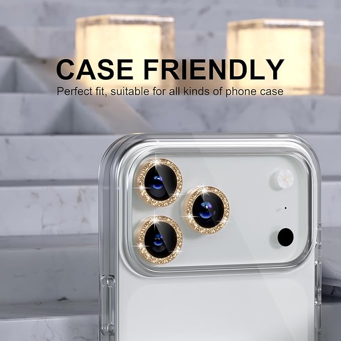 Choiche Compatible for iPhone 17 Pro/iPhone 17 Pro Max Camera Lens Protector Bling, 9H Tempered Glass Camera Cover Screen Protector Metal Ring Decoration Accessories (Glitter-Gold)