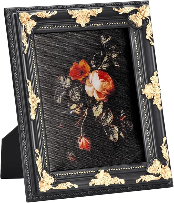 8x10 Vintage Picture Frame with Real Glass - Black Solid Wood Frame with Gold Embossed Flower, Ornate Wooden Photo Frame for Wall Mount & Tabletop Display