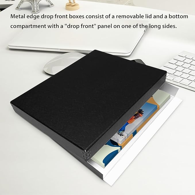 Lineco Museum Archival Storage Box, 9.75x12.75x1.5 in. Drop Front Design. Acid-Free with Metal Edge. Organize Photos, Pictures, Prints, Documents, Crafts, DIY. Black, 2 Pack