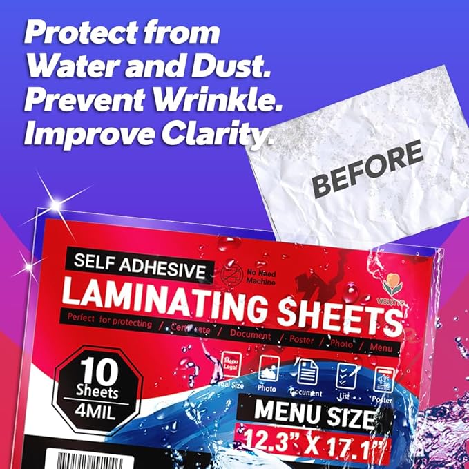 VIOLETTO Self Adhesive Laminating Sheets 12.3x17.1 inch, 20 Pack, 4mil Thickness, No-Machine Needed, QuickPeel, Instashield, Stick&GO (10 Sheets, Menu Size 4mil)