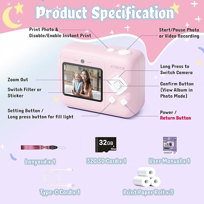 ETIKEZ Kids Camera, 1080P Instant Digital Print Camera for Kids, Christmas Birthday Gifts for 4 5 6 7 8 9 10 Year Old Girls Boys, Portable Toy with 32GB SD Card & 3 Rolls Printing Paper, Rose