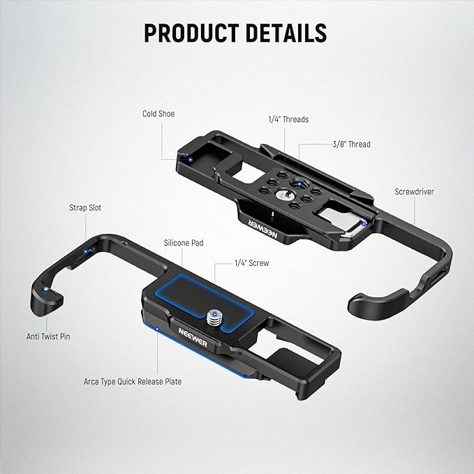 NEEWER A7 IV A7R IV A7R V A7S III Camera Baseplate, Bottom Mount Plate with Arca Type QR Base, 1/4" & 3/8" Threads, Cold Shoe, Compatible with Sony Alpha DJI RS2 RSC2 RS3 Pro Gimbal, CA004B