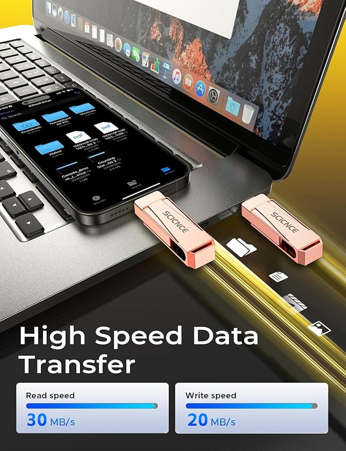 SCICNCE 128GB Flash Drive Intended for iPhone, USB Memory Stick Storage Backup for Photos Videos, Plug and Play No APP Required, Compatible with iPhone iPad Android and Computers (Rose Gold)