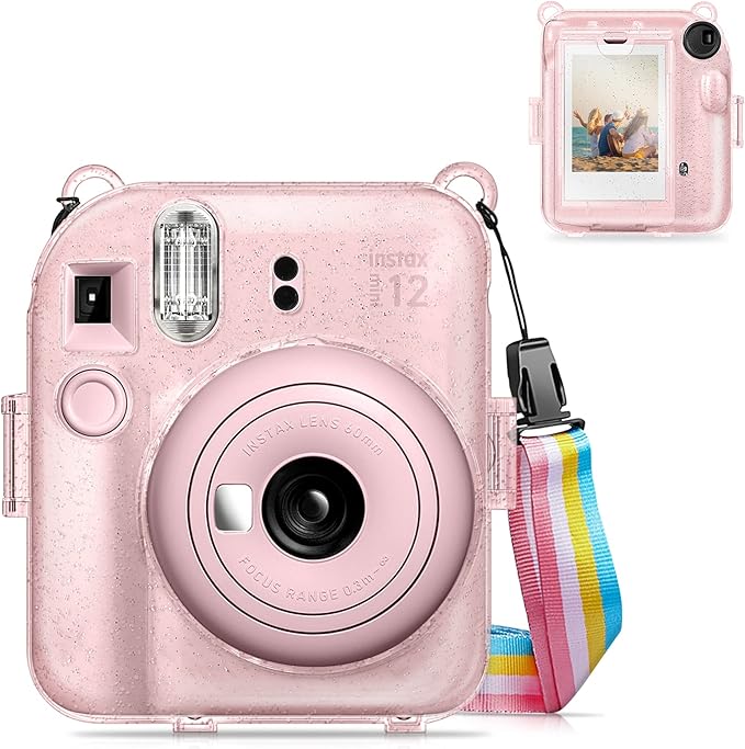 Fintie Protective Clear Case for Fujifilm Instax Mini 12 Instant Camera - Crystal Hard Shell Cover with Upgraded Film Pocket for Storing Photos & Removable Shoulder Strap