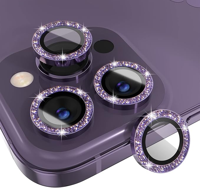 Choiche Compatible for iPhone 14 Pro/iPhone 14 Pro Max Camera Lens Protector Bling, 9H Tempered Glass Camera Cover Screen Protector Metal Ring Decoration Accessories (Glitter-Purple)