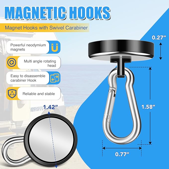 VSKIZ Magnetic Hooks Heavy Duty 150Lbs, 4 Pack Super Strong Magnetic Hooks with Swivel Carabiner for Cruise, Black Neodymium Magnet Hooks Magnetic Wall Hanger for Hanging, Toolbox, Grill, Cabins