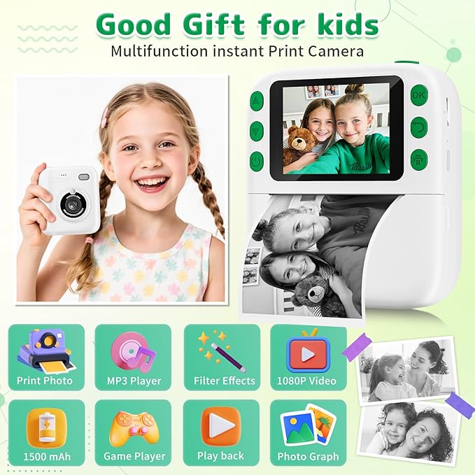 Instant Print Camera for Kids, Christmas Birthday Gifts for Girls Boys, 1080P Instant Digital Print Cameras for Toddler,Portable Toy for 4 5 6 7 8 9 10 Year Old Girl with 32GB SD Card，White