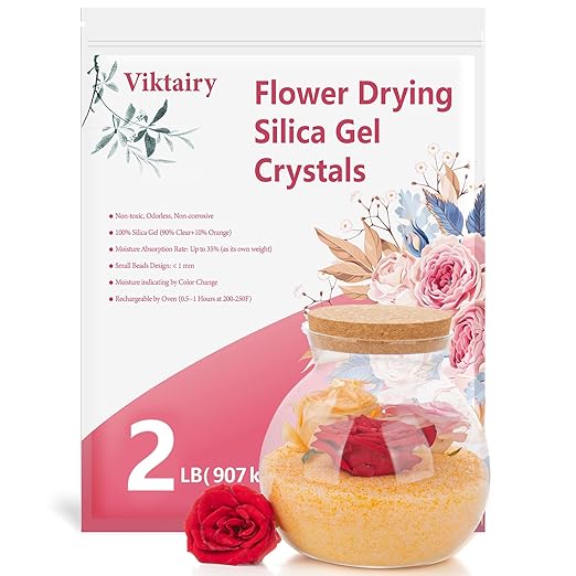 2LBS Silica Gel Flower Drying Crystals, Reusable Flower Preservation Kit with Brush and User Manual, Color Indicating Silica Gel Desiccant for DIY Wedding Bouquet Preservation, Bead Size<1mm