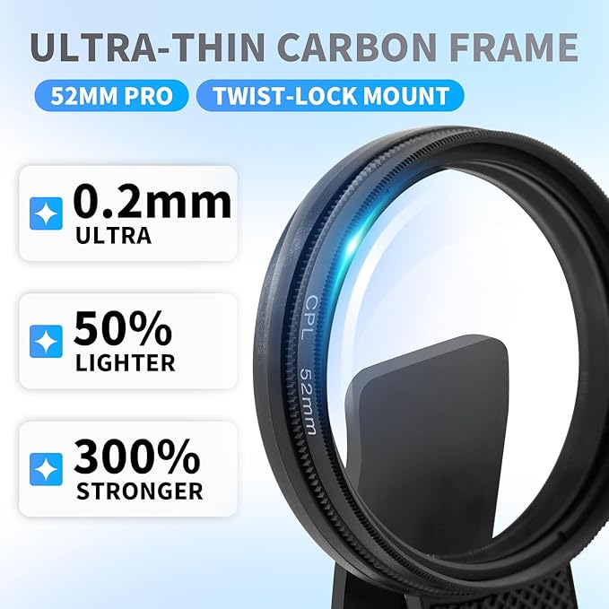 52mm Circular Polarizing Filter Clip for Smartphones - Optical Glass CPL Lens with Rotating Frame & PU Case | Universal Clip Fits Premium Phones
