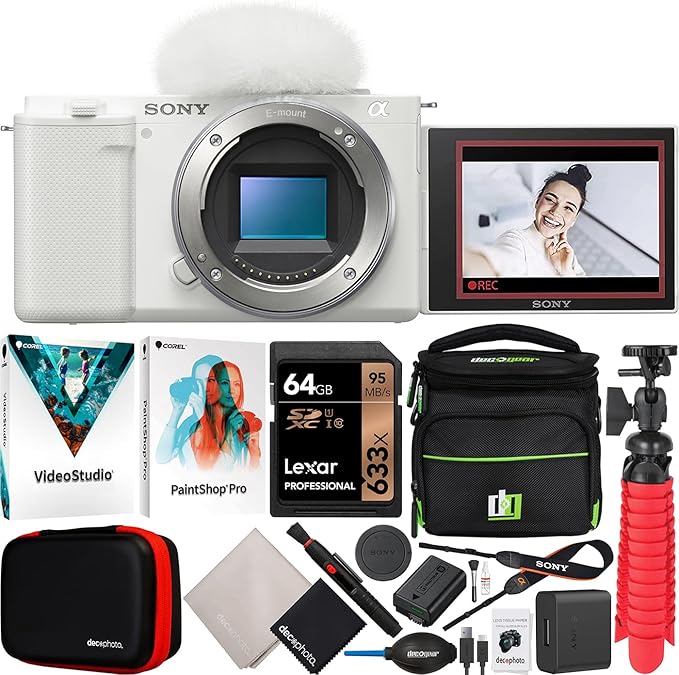 Sony ZV-E10 Mirrorless Alpha APS-C Interchangeable Lens Vlog Camera | Official Sony USA Partner Model | Body ILCZV-E10/W White Bundle with Deco Gear Photography Case + Software Kit + Compact Tripod