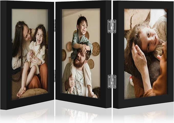 decorUhome Triple 5x7 Picture Frame Vertical, Engineered Wood Trifold Photo Frame with Plexiglass for Tabletop Display, 5x7, Black