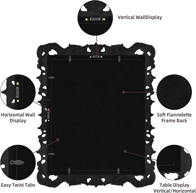 Black 11x14 Picture Frame Ornate Gothic Vintage Antique for Wall Display, Baroque Frame Fits 8x10 Photos with Mat