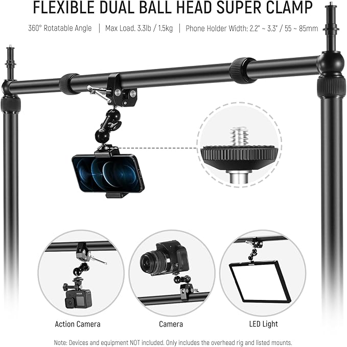 NEEWER Overhead Camera Mount Rig with 2 Ball Heads, Super Clamp/Mobile Phone Holder/Camera Desk Mount, Multi Device Mount, Platform Overhead Tripod, Adjustable Height Width, Max Load 12 kg, NK002