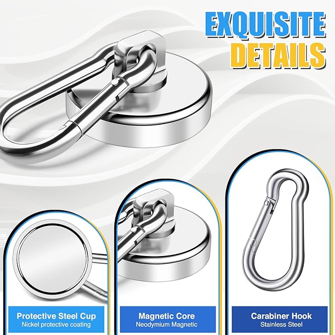 VSKIZ Magnetic Hooks, 70Lbs Heavy Duty Magnetic Hooks with Swivel Carabiner for Cruise Cabins, 6 Pack Extral Strong Neodymium Magnet Hooks for Hanging, Metal Magnetic Hanger for Toolbox, Grill, Fridge