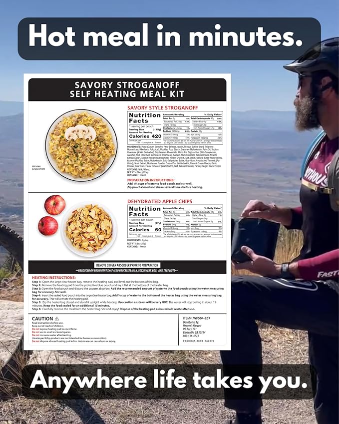 Heaven's Harvest Self Heating Meal Kit - Just add water to activate the heating element and the cooking process begins! Emergency Survival Food with a 10-Year Shelf Life (12-pack, Savory Stroganoff)