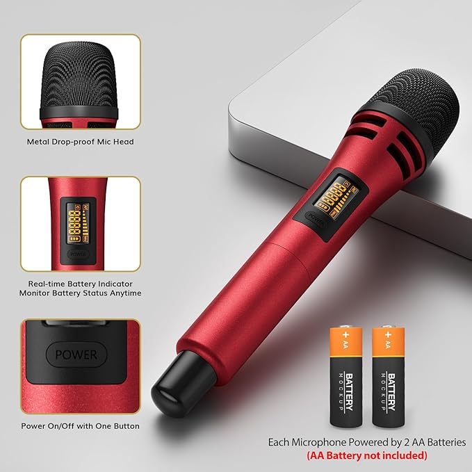 TONOR Wireless Microphones System with 4x10 Channels Cordless Handheld Microfono Inalambrico, UHF Mics with Stable Signal Transmission for Karaoke Singing Party Church Wedding 60 m/200ft Red