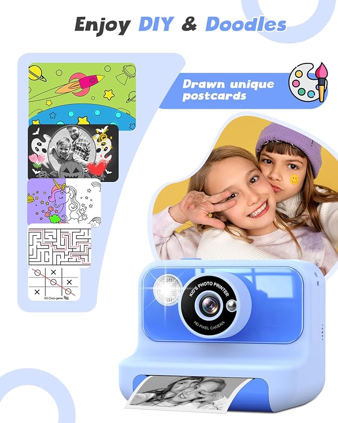 Instant Print Camera for Kids, 1080P Digital Video Cameras, Christmas Birthday Gifts Toys for Age 3-12, Toddler Camera for 4 5 6 7 8 9 10 Year Old Boys - Blue