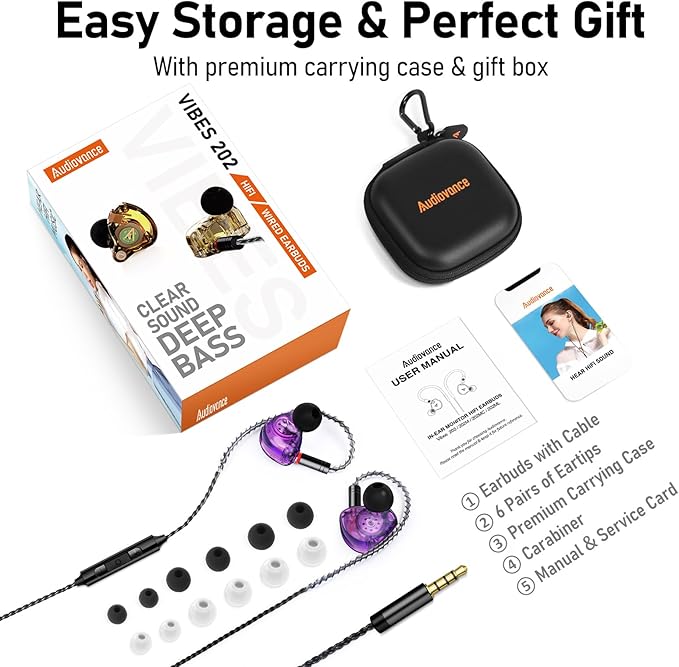 Vibes 202M Wired Earbuds - HiFi in Ear Monitor Headphones - Noise Isolating Ear Buds w/ Mic - Clear Sound, Deep Bass & Comfort-Fit Gaming Earphones - MMCX to 3.5mm & Silver Plated Cord, Carrying Case
