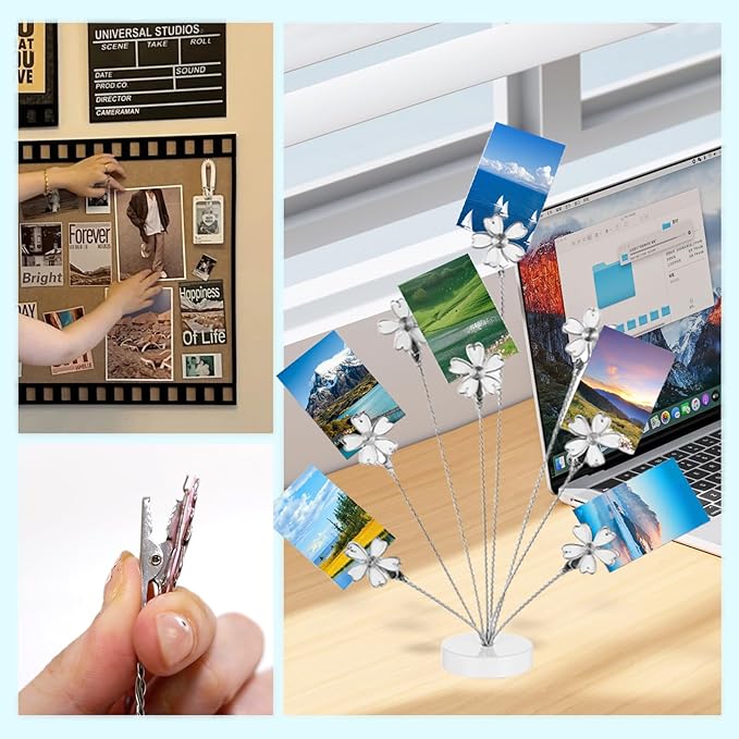 8 Branch Photo Tree Clip, Flexible Photo Frame Stand with Clips for Note Paper Wedding Photo Display Office Decoration (White)