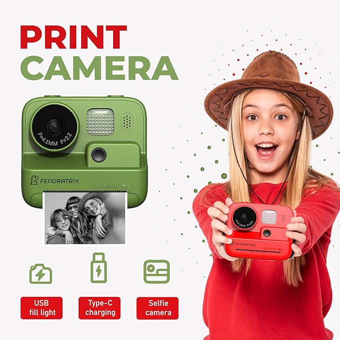 Instant Print Camera for Kids – No Ink Needed, 2.4" Screen, Selfie & 1080P Video, 10X Zoom, 3 Paper Rolls, Stickers & Markers, Fun Creative Gift for Boys & Girls Ages 3 4 5 6 7-12– FENORATRIX Green