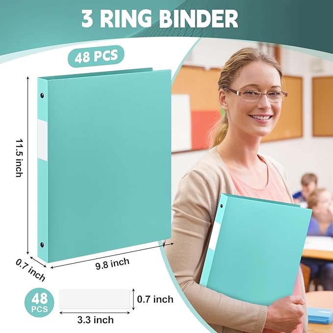Henoyso 48 Pcs 3 Ring Binder 1/2'' Round Fits Letter Size 8.5'' x 11'' Paper Plastic Flexible Binder Holds 140 Sheets with 1 Pockets Versatile Organizer for Home Office School (Mint Green)