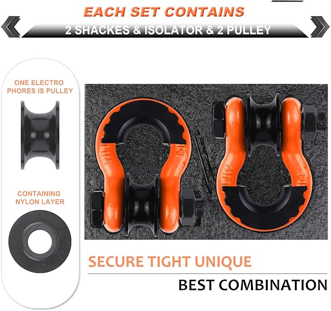 Upgraded Snatch Block, 3/4" D Ring Shackle (2 Pack) 22,000lb Break Strength with Towing Pulley, Heavy Duty Offroad Recovery Accessory for Truck, Tractor, ATV & UTV (Orange)