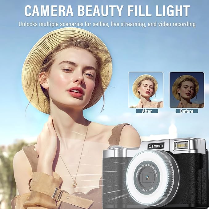 4K Digital Camera for Photography, 64MP Flip Screen Digital Camera for YouTube Vlogging, Selfies, Use with LED Light, 64GB Memory Card, Compact Design for Travel, Perfect for Teens and Beginners
