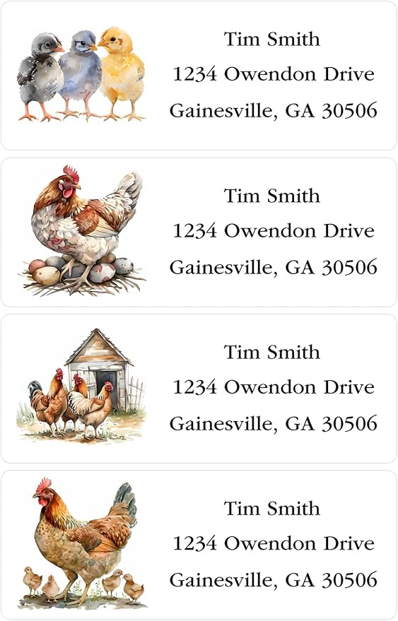 Address Labels Personalized Return Address Labels, 2.6" x 1" Farm Chicken Custom Mailing Label for Envelopes (30-1200) Customized Self Adhesive Stickers Printable Mail Envelope Adress Label, White