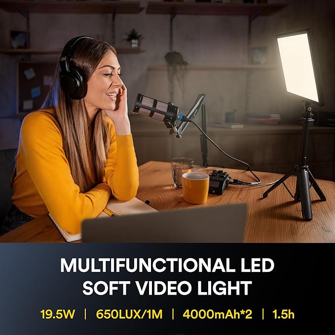 RALENO 19.5W LED Video Soft Light Panel, 650Lux/m 13" Camera Panel Light Built-in 8000mAh Battery, CRI>95 2500-6500K Photography Studio Lights for TikTok YouTube Video Recording Photography Streaming