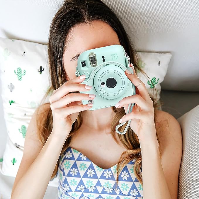 CAIYOULE Camera Case for Fujifilm Instax Mini 12 Instant Film Camera, Retro Leather Protective Camera Crossbody Bag for Fuji Mini 12 with Photo Album, Adjustable Shoulder Strap, Mint Gree-No Camera
