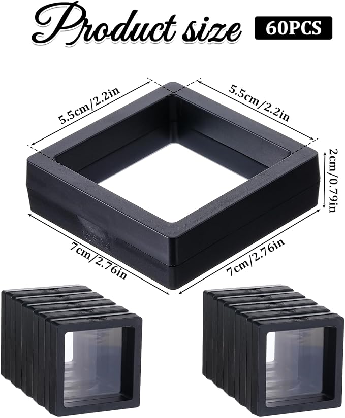 Oqqlin 60 Pcs 3D Floating Display Case, 2.8 x 2.8 x 0.8 Inch Clear PE Film Jewelry Display Case Black Square Coin Holder for Jewelry, Rings, Antique Challenge Coins, Shells, Rocks, Specimen
