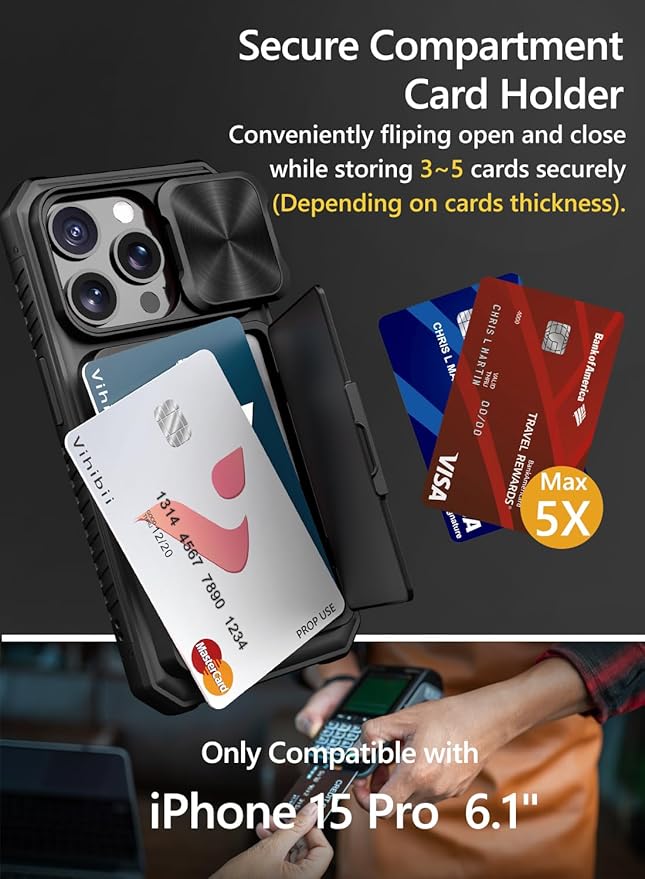 Vihibii for iPhone 15 Pro Case with Card Holder (4 Cards) & Slide Camera Cover & Kickstand, Shockproof Rugged Hard Back & TPU Soft Edge Wallet Phone Case for iPhone 15 Pro 5G 6.1" 2023, Black