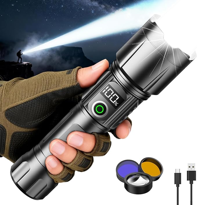 SKYFIRE LED Flashlights High Lumens with Digital Display&3 Color Lens,3000lm Super Bright Rechargeable Flashlight,5Modes&Zoomable,Waterproof Tactical Flash Light for Camping,Emergency&Gift-Upgraded