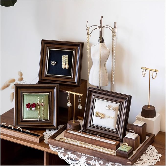 Jewelry Display Stand Set Photo Frame Accessories Vintage Stall Counter Photography Props Earrings Ring Holder(Green)