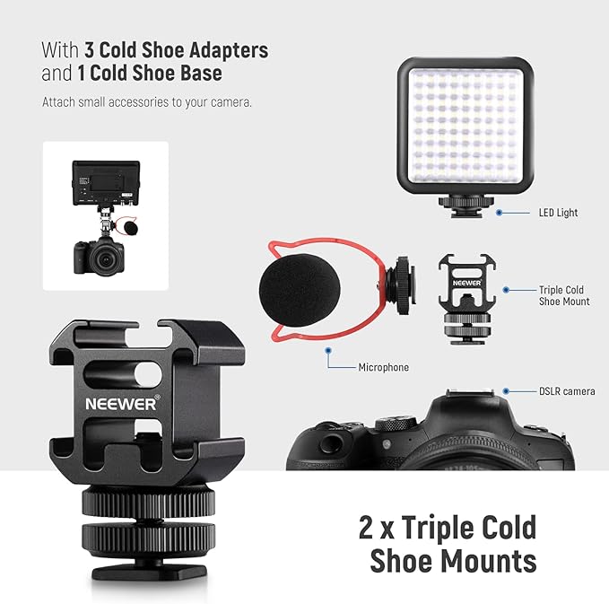 NEEWER 8 PCs Hot Shoe Mount Adapter Kit, Including Triple Cold Shoe Mount, 1/4” Screw Adapter, Flash Stand Bracket, and Hot Shoe Cover for DSLR Camera, LED Light, Microphone, Light Stand, Monitor