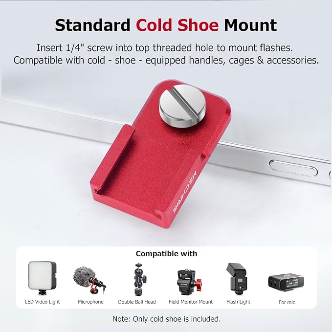 Mechrig Universal Hot Shoe Adapter for Camera Accessories – Aluminum Alloy & Stainless Steel Mount with Locking Knob, 1/4" Screw Hole for Microphone, LED Light, Tripod, DSLR Rig (62057)