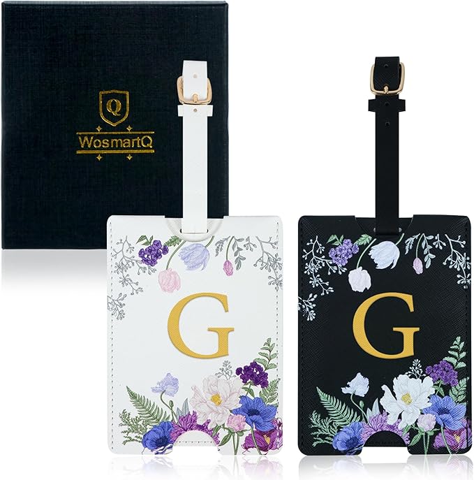 2 Pack PU Leahter Luggage Tags with PU Leather Straps, Fun Travel case Labels, Privacy-Protected ID Card Holders, Allowing for Quick Identification of Luggage and Easy locating of Your Bags (G)
