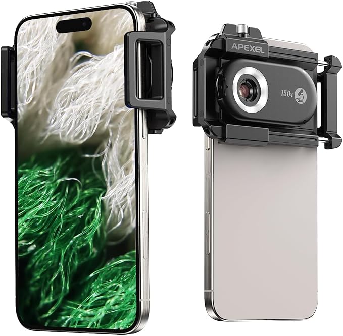 APEXEL Phone Microscope Lens, PhoneMicro 5 Series 150X Phone Micro Lens for Android/iPhone With LED Light/CPL/Universal Clip, Mini Pocket Microscope, Smartphone Camera Attachment for iPhone & Android.