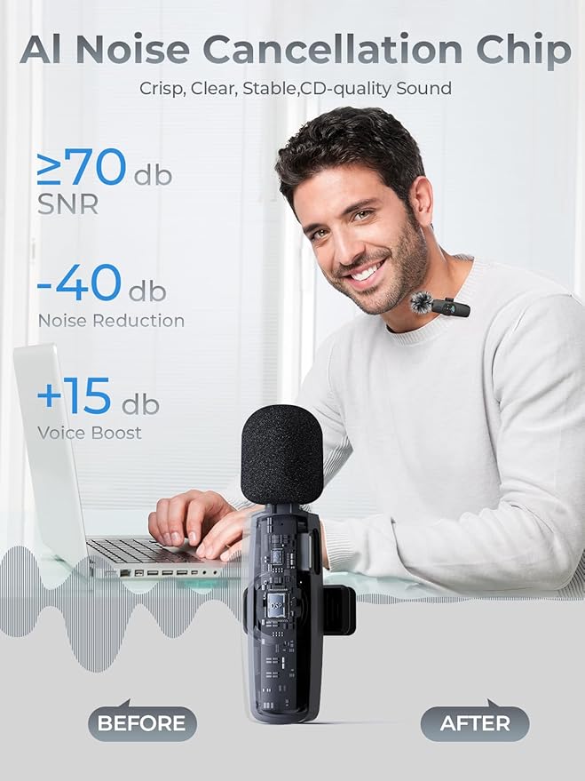 Wireless Lavalier Microphone for iPhone 3-in-1 Mini Mic with 20H Battery & 80ft Range - DSP Noise Cancellation, Smart Modes for Content Creators Live Streaming