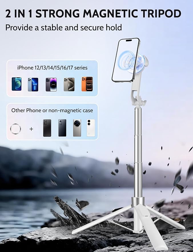 68" Magnetic Tripod for iPhone Magsafe, Phone Tripod & Selfie Stick with Rechargeable Remote for iPhone/Android/Camera, Portable Cell Phone Stand for Video Recording