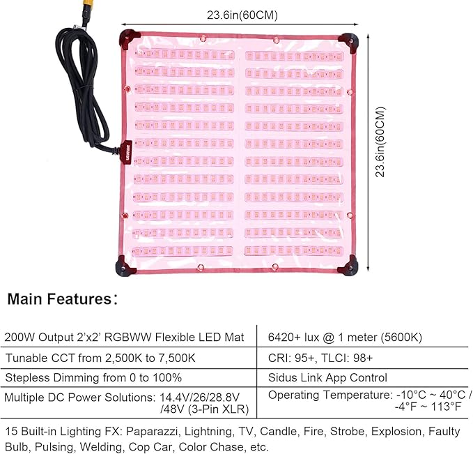 Aputure Amaran F22c 200W RGBWW Flexible LED Mat with Honeycomb Grid CRI 95+ CCT 2500K to 7500K Support Sidus Link App Control Built-in 15 Lighting FX
