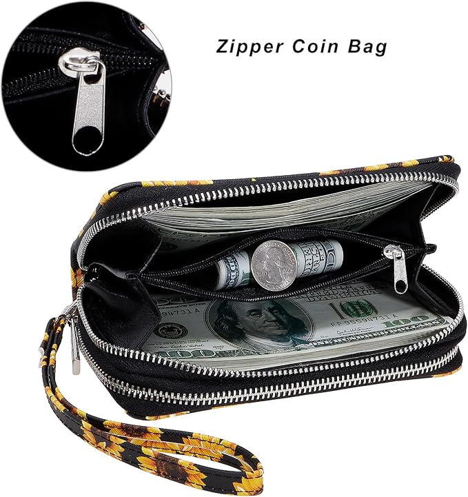 Cellphone Wallet for Women Dual Zipper Long Purse with Removable Wristlet