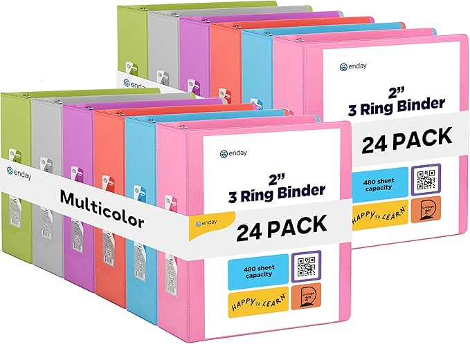 Enday 2 inch 3 Ring Binder (24 Pack - Assorted Colors) Binder 2 inch with Clear View Cover and 2 Inside Pocket - for Letter Size 8.5 x 11'' Paper, Ideal for School Supplies, Office, and Home