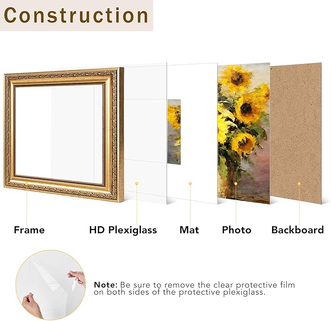8x8 Vintage Picture Frame with 4x4 Mat Set of 2, Elegant Retro 8 by 8 Photo Frame with Shatter-Resistant Plexiglass for Wall or Tabletop Display, Gallery Decor & Gift, Gold, 2 Pack