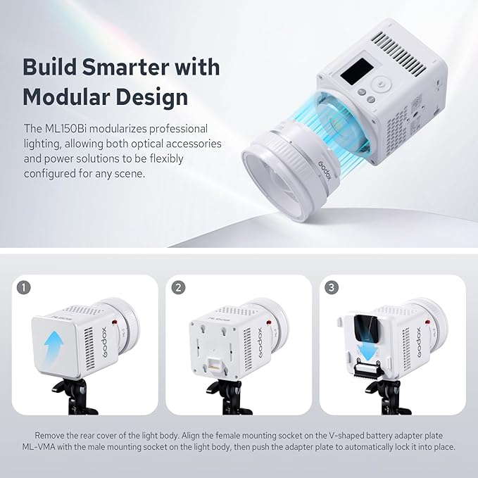 Godox ML150Bi Bi-Color COB LED Video Light 165W, 61054Lux@1m, 2800K-6500K, 11 FX, Compact COB LED Continuous Output Lighting for Studio & Outdoor Shooting, APP/DMX/RDM Control, Handheld LED Monolight